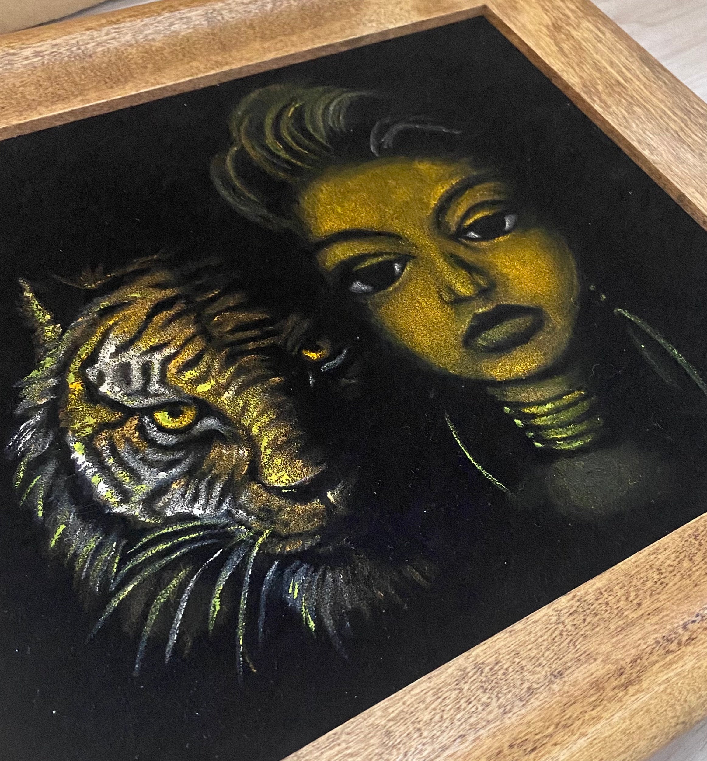 "Wahine with Tiger" wooden framed
