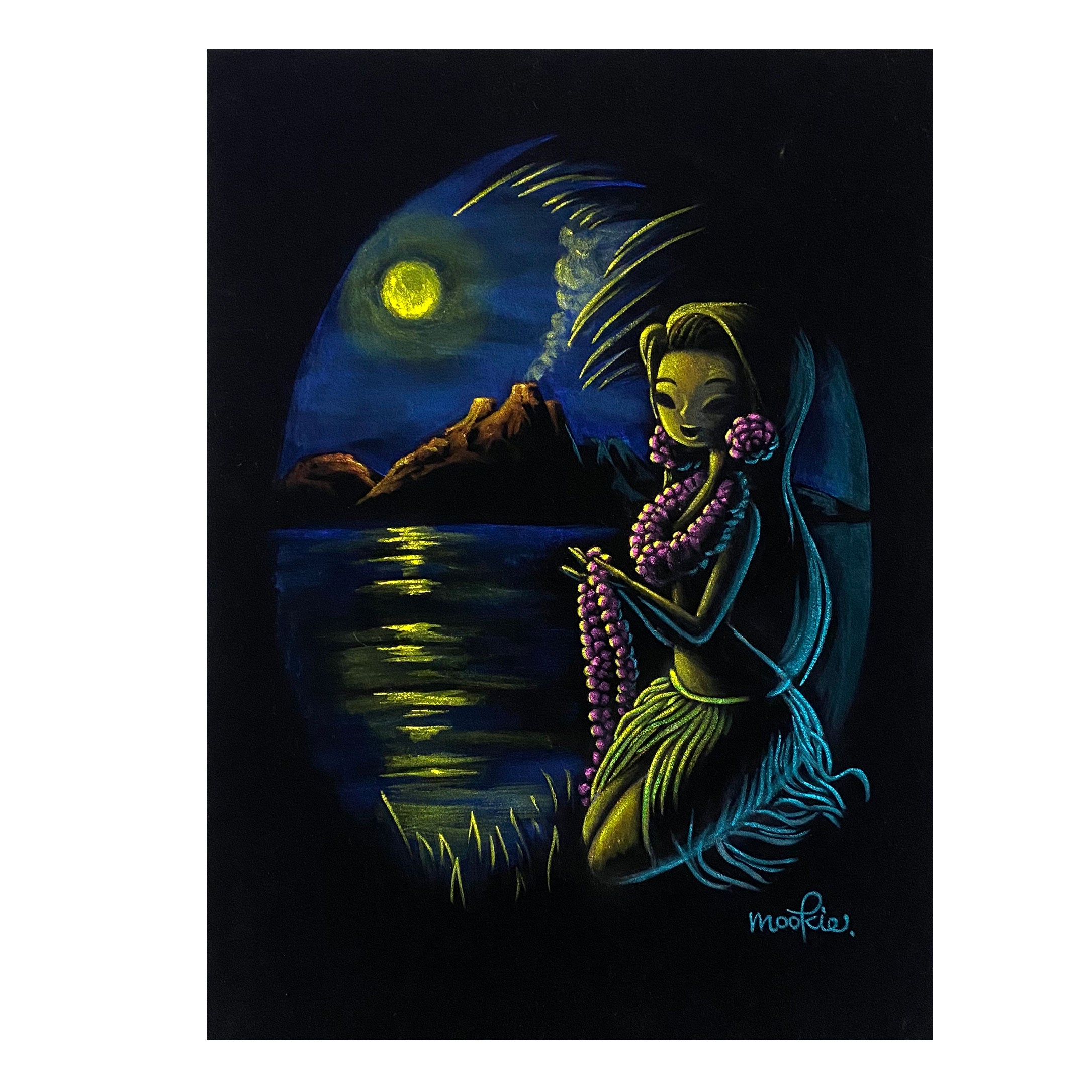 "Hula moon" original velvet art with wood framed
