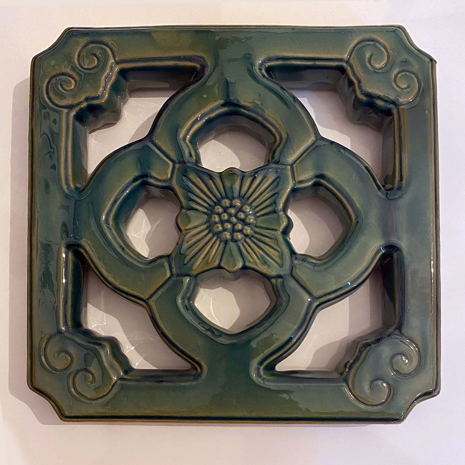 thumbnail image 2 of Chinese Jade Ceramic Breezeway Tiki Tile – Set Of Two – Antique Green Finish 2 of 5