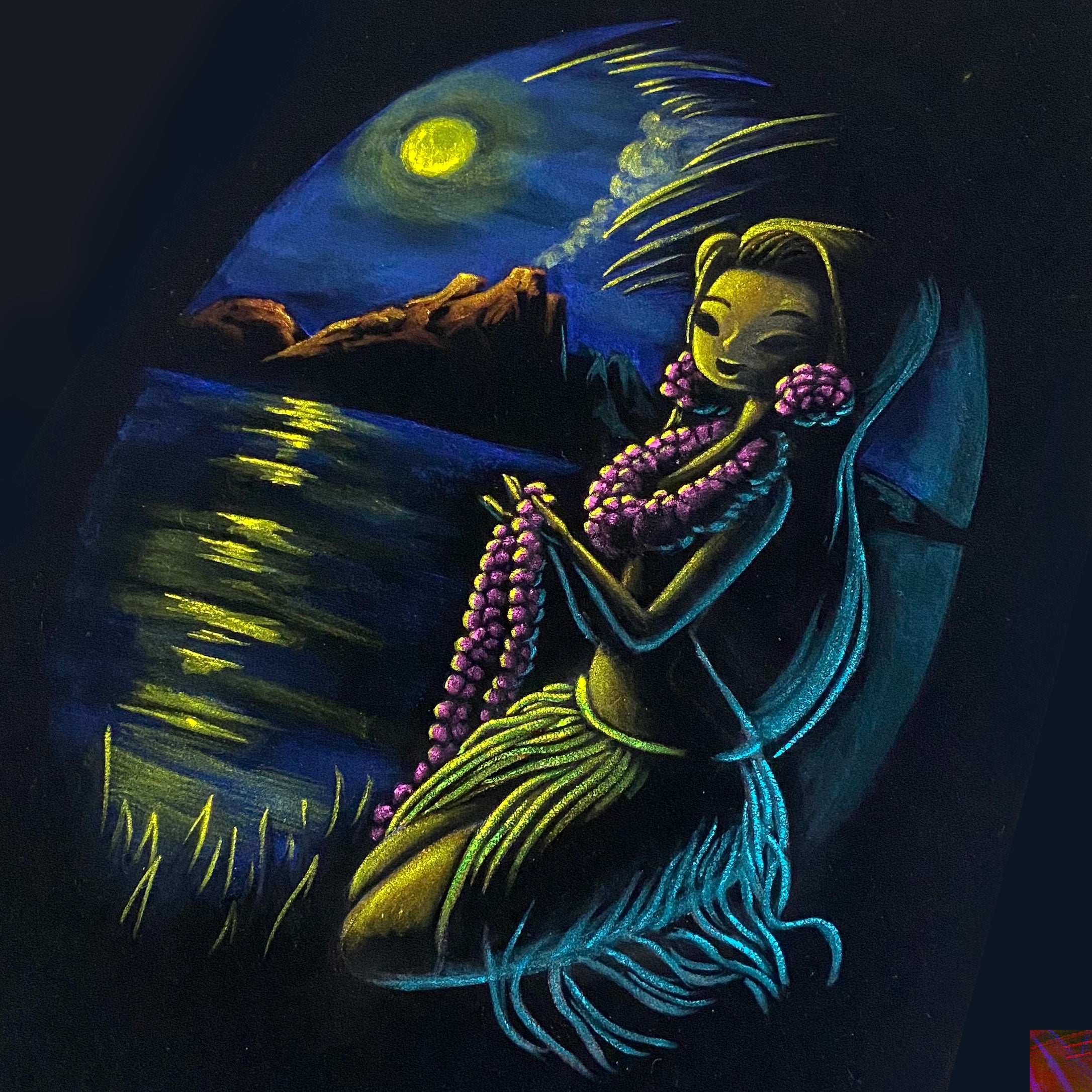 "Hula moon" original velvet art with wood framed