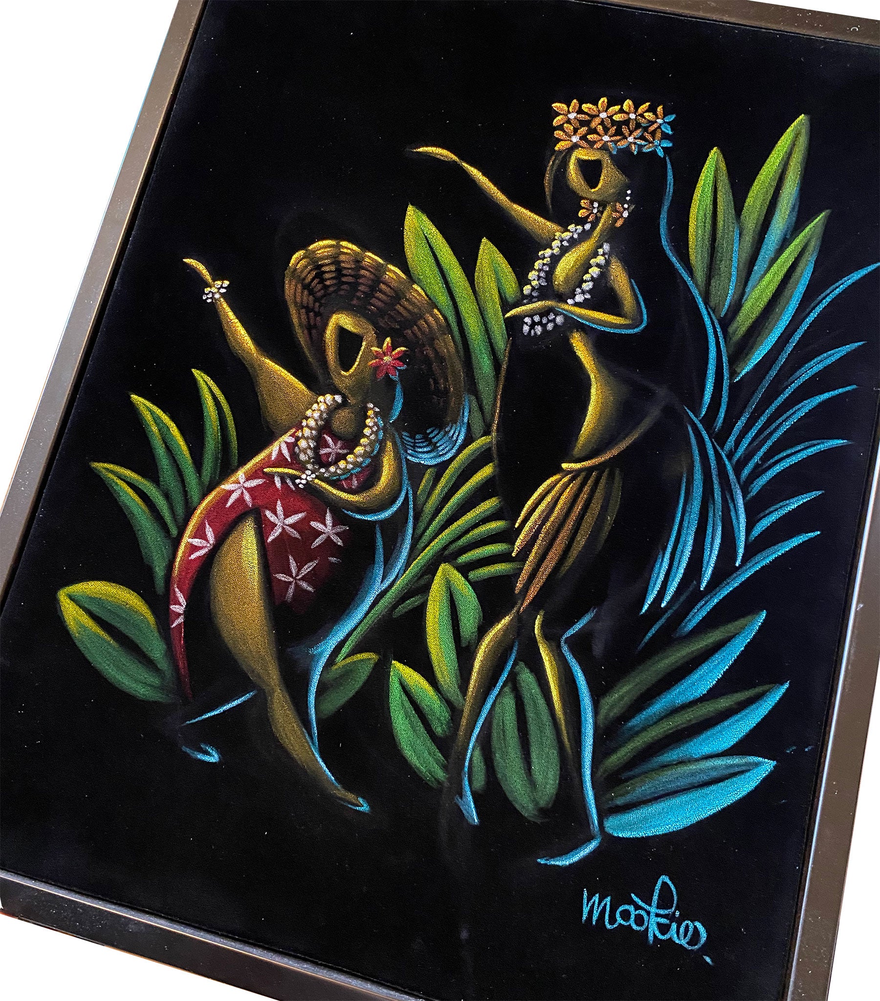"Hula dancers" with Float frame, original velvet painting