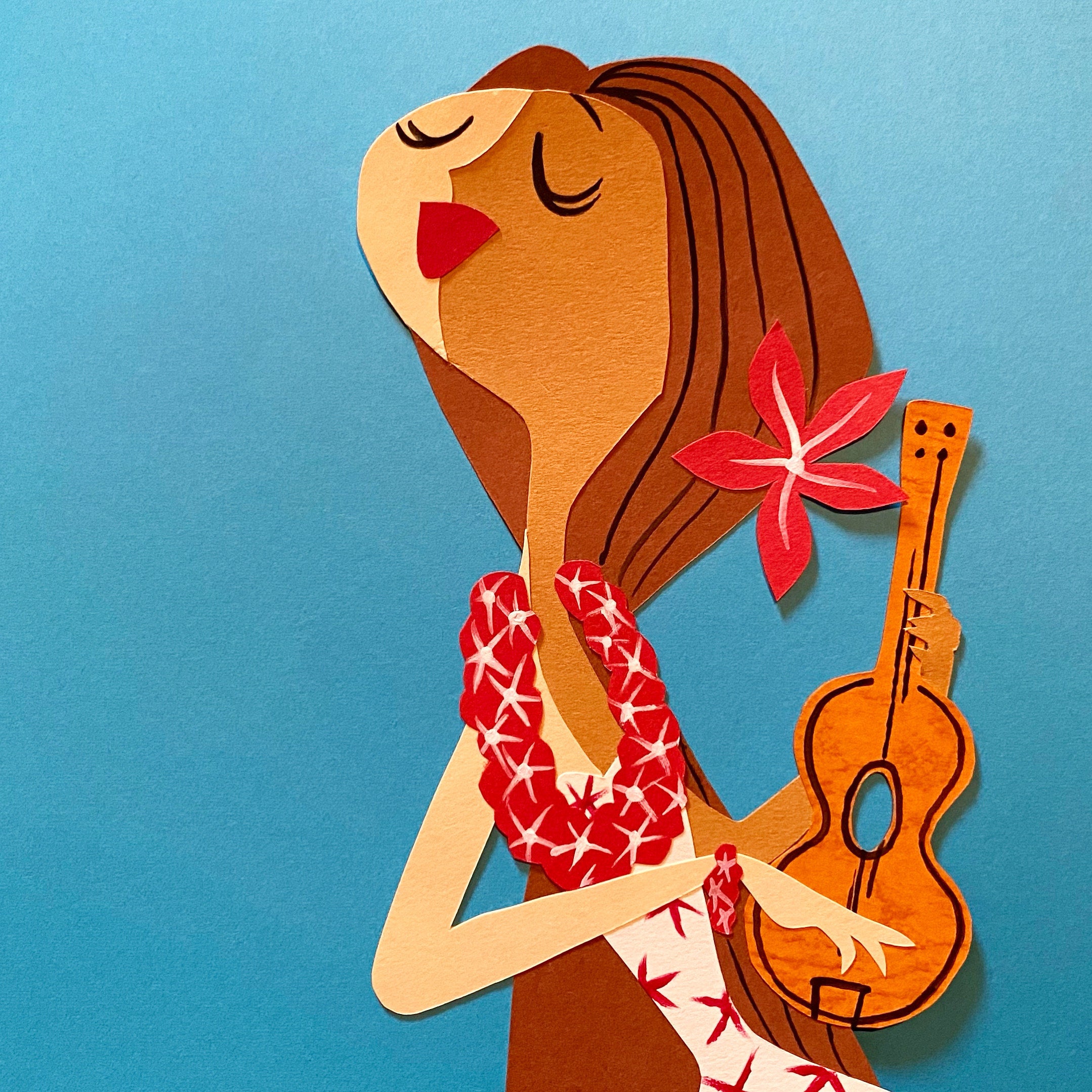 Ukulele girl , paper cut with frame/ limited edition