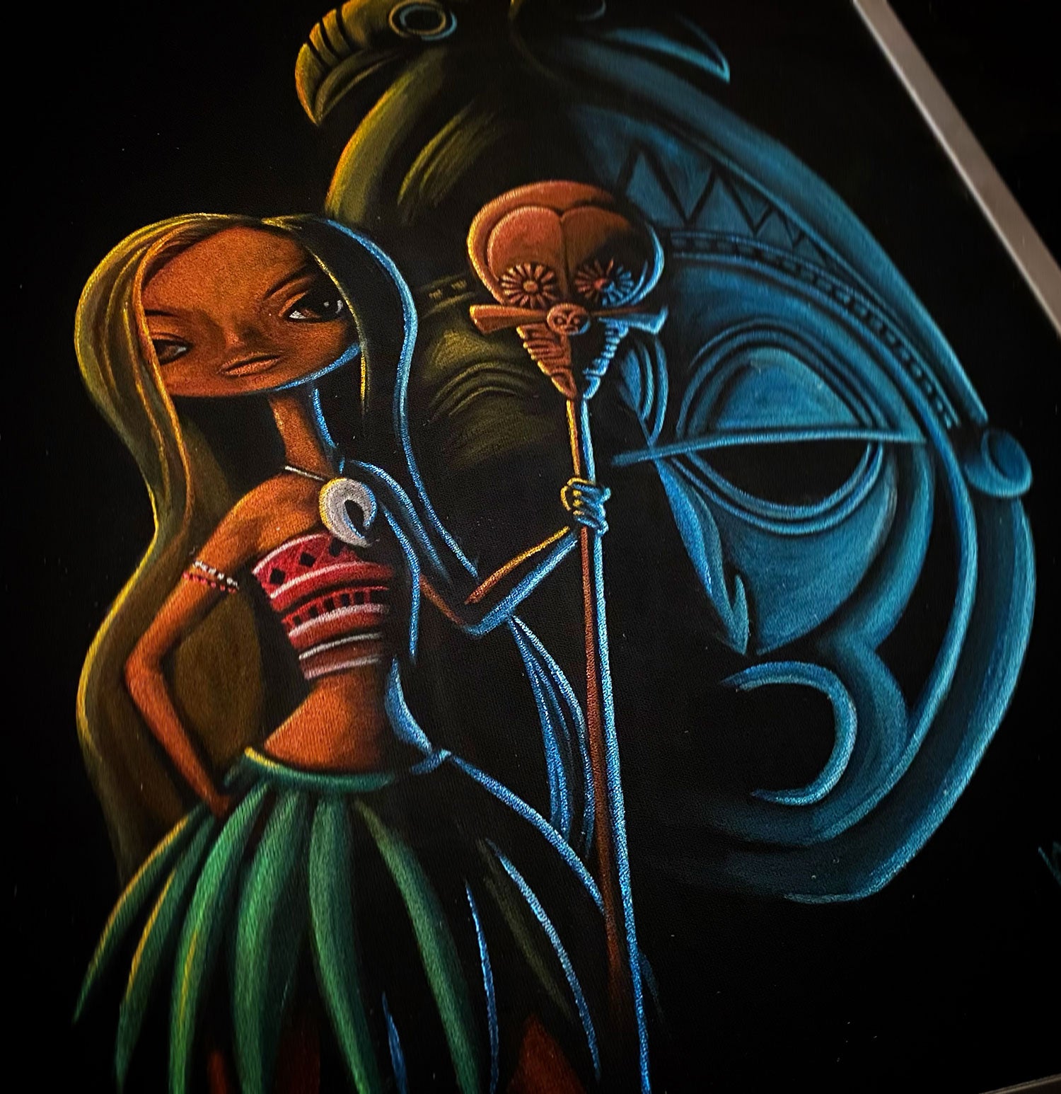 "Wahine with tikimask" with Float frame, original velvet art