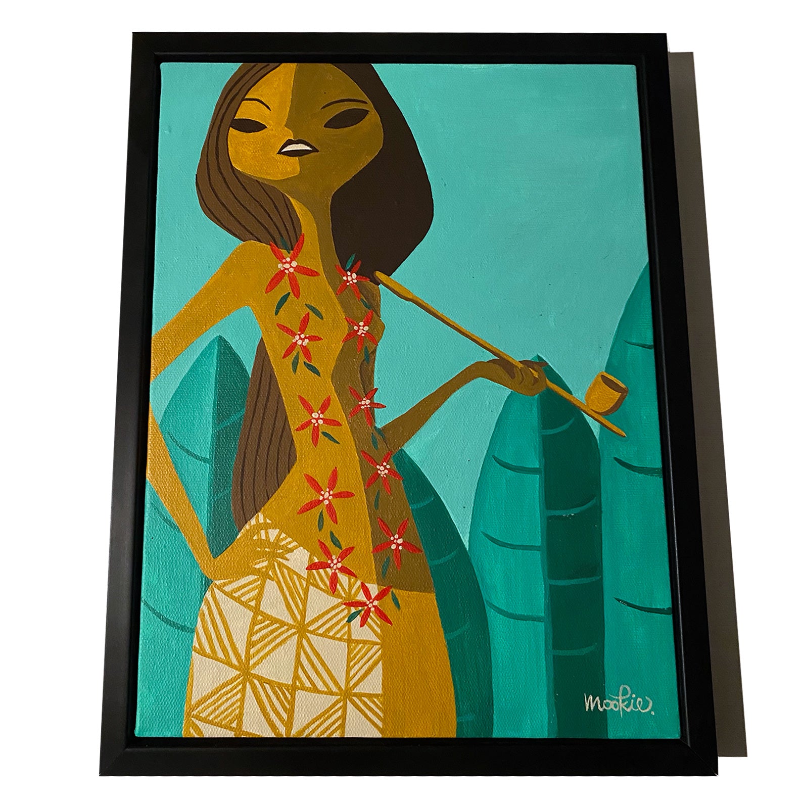 "Wahine smoking a pipe" with Float frame, original art